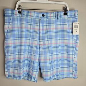 IZOD Golf Mens Swingflex Dobby Shorts Placid Blue Plaid 38W 8.5 Inseam NEW